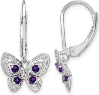 Diamond2Deal Sterling Silver Rhodium-plated Amethyst and Diamond Butterfly Earrings