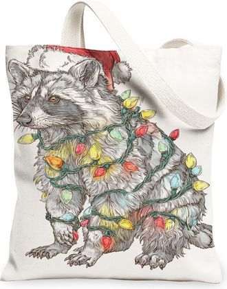 Generic Raccoon Canvas Tote Bag, Festive Animal Design Reusable Bags, Christmas Vintage Lightweight Washable Shoulder Strap Canvas, White, 13x15 Inch