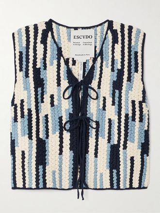 Escvdo Gilet In Cotone Biologico Crochet A Righe Anadara - Blu