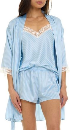 Flora Nikrooz Sabrina Bow Print Satin Short Pajamas & Robe Set in Soft Blue at Nordstrom, Size X-Small