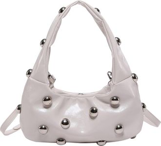 Generic Women PU Rivet Shoulder Bag Stylish Crossbody Bag Solid Color Fashion Tote Handbag Adjustable Strap Punk Style Satchel Purse Outdoor Travel Bag (White