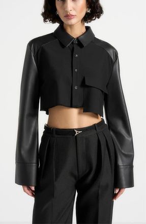 Mani&egrave;re De Voir Bernadette Leather Contrast Cropped Shirt in Black at Nordstrom, Size 10