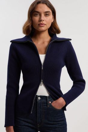 Karen Millen Womens Cotton Zip Through Collar Knit Cardigan - Navy - Size X-Small