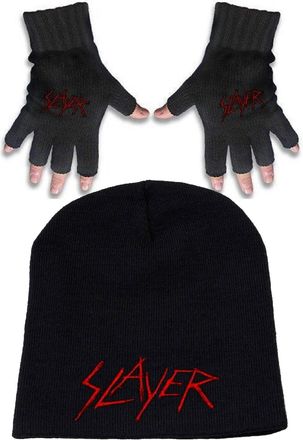 Slayer Beanie Hat and Glove Scratched Band Logo Official Gift Set One Size Black