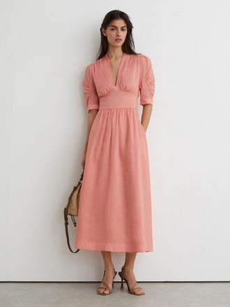 Reiss Pink Short-sleeve Waisted Midi Dress, 16