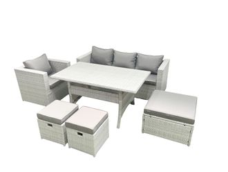 Fimous Garden Dining Set Outdoor Rattan Furniture Set with Sofa Dining Table 3 Footstools Light Grey Mixed