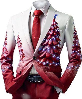 Generic Mens Christmas Suits - Festive Holiday Light Up Xmas Trees Jacket Funny ChristmasCostume Slim Fit Suit Party Lapel Blazer Jackets Men Christmas Festiv