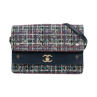 Chanel Pre-owned CC Multicolor Tweed Double Flap Crossbody - Dames - Pre-owned - Blauw - Maat: ONE Size Tweed