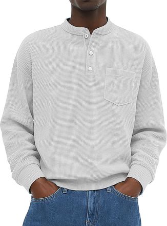 Generic Mens Sweatshirts Solid Color V Neck Button Up Knitted Waffle Sweaters Long Sleeve Shirts Fashion Sweatshirt Winter Mens Jumpers with Packet Fall Jumpe