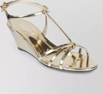 Prada metallic wedge sandals ankle strap open toe