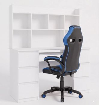 Topeshop Kuba - Escritorio Con Extensi&oacute;n, 6 Cajones, Blanco + Sill&oacute;n Azul - 130x146x67 Cm - Conjunto