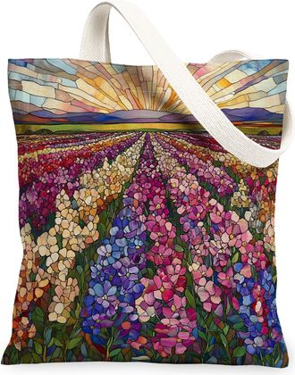 Generic Spring Freesias Flower Canvas Tote Bag for Shopping 13x15, Florals Landscape Reusable Grocery Print Bag for Women, Nature Scenic Beach Aesthetic Paint