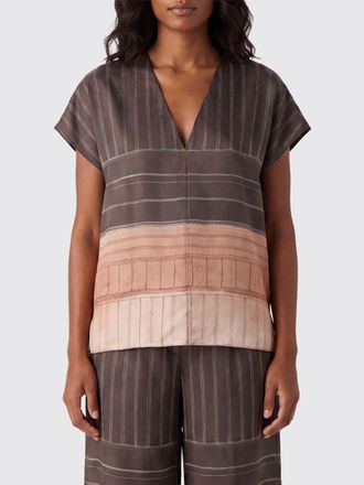 Alysi Blusa a righe in pura seta con scollo a V e maniche corte