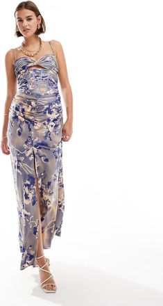 Asos ruched corset maxi dress with ruffle skirt and strap details in blue floral print-Multi