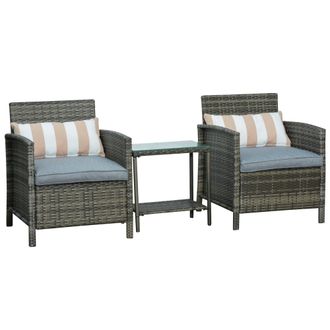 OUTSUNNY 3 PC Outdoor Rattan Sofa Set w/ Chairs Coffee Table Cushion Grey | TJ Hughes
