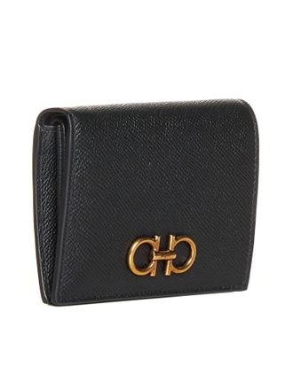 Ferragamo Womens Compact Wallet Gancini Black Calf Leather & Purses
