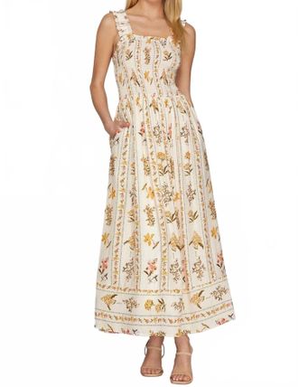 She + Sky Sleeveless Print Smocked Maxi Dress In Beige