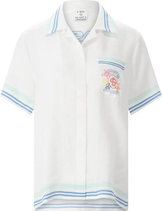 Casablanca Floral Cuban Collar Short Sleeve Silk Shirt - Dames - Overhemden - Wit - L - Overhemden
