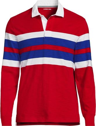 Lands End Long Sleeve Textured Rugby Polo in Compass Red/lapis Stripe at Nordstrom, Size Xx-Large
