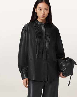 AllSaints Leather Sara Pleated Leather Shirt, Size: XS