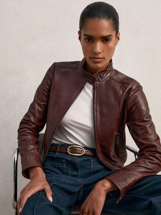 Reiss Burgundy Fitted Leather Biker Jacket, 18