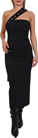 Patrizia Pepe Kleedjes, Dames, Zwart, S, Leer, Crepe Midi Sheath Jurk