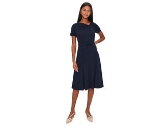 Calvin Klein Short Sleeve Belted Aline Womens Dress Indigo : 12, Polyester/Spandex