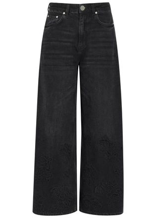 Ganni Lari Floral-embroidered Wide-leg Jeans - Black - 27 (W27 / UK8-10 / S)