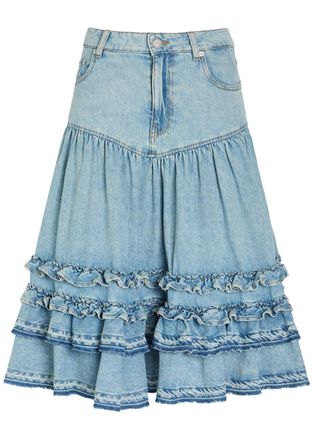 Ganni Frill Tiered Denim Midi Skirt - Light Blue - 38 (UK10 / S)