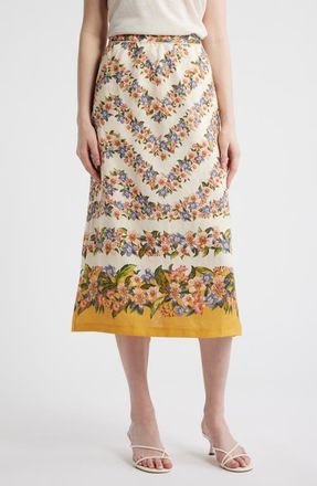 Farm Rio Floral Linen Midi Skirt in Sand at Nordstrom, Size Xx-Small