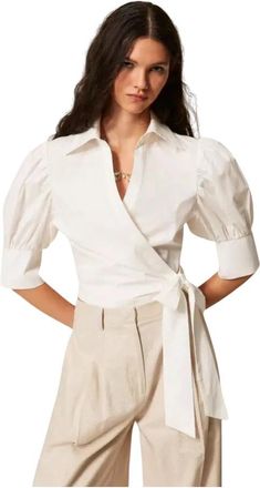 Twinset Wikkelblouse van Popeline - Dames - Overhemden - Wit - XS - Overhemden