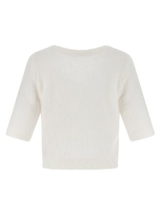 Alessandra Rich Carded Mohair with Floral Embroidery Sweater - White