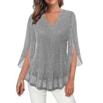 Generic Ladies Christmas Tops and Blouses, Sequin Tops for Women UK V Neck 3/4 Sleeve Glitter Shirt Elegant Flowy Ruffle Tunics Blouse Sparkly Loose Pullover 