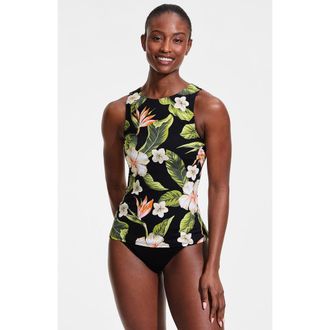 Lands End D-Cup Chlorine Resistant High Neck UPF 50 Sun Protection Modest Tankini Swimsuit Top in Hibiscus Floral/black at Nordstrom, Size 18