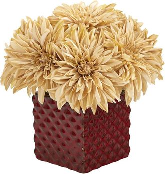 Nearly Natural Dahlia Artificial Arrangement In Red Ceramic Cube