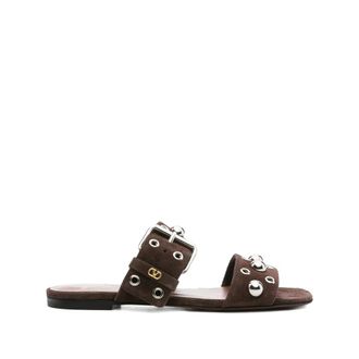 Valentino Garavani Sliders, female, Brown, Size: 10 US Nellc&ocirc;te Studded Buckle Flats