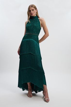 Karen Millen Beaded Halter Neck Woven Maxi Dress in Dark Green at Nordstrom, Size 10
