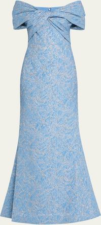 Teri Jon Off-Shoulder Metallic Jacquard Gown