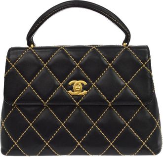Chanel Surpique Classic Top Handle Flap Quilted Lambskin Black Leather Handbag (Pre-Owned)