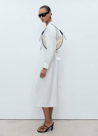 Mango Vestito lino camicione cintura bianco - Donna - M - MANGO