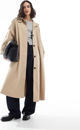 Asos funnel neck longline trench coat in stone-Neutral