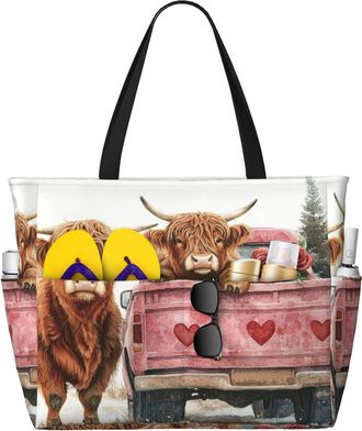 Generic Valentines Highland Cow Print Large Beach Bag Foldable Travel Shoulder Tote Bag With Pocket For Weekender Pool Vacation