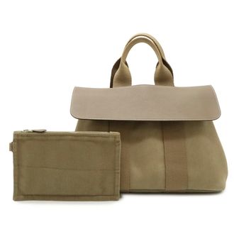 Herm&egrave;s Valparaiso Etoupe Gray Toile Chevron Leather Handbag Tote Bag (Pre-Owned)