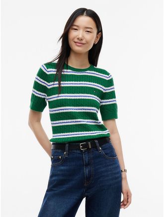 Tommy Hilfiger Womens Short-Sleeve Striped Cable Knit Sweater - Nouveau Green - XXL