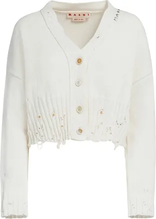 Marni White Distressed V Neck Cardigan