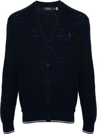 Polo Ralph Lauren Textured Cotton Linen V-Neck Cardigan - Heren - Vesten - Blauw - 2XL - Katoen - Truien & Vesten