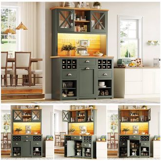 Matteo Kitchen Cabinet - Antique Green with Glass Doors, Wine Rack