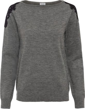Bonprix Strickpullover BONPRIX, Damen, Gr. 32/34 (XS), grau (grau meliert), Obermaterial: 100% Polyacryl. Spitze: 95% Polyester, 5% Elasthan, bequem, Pullover