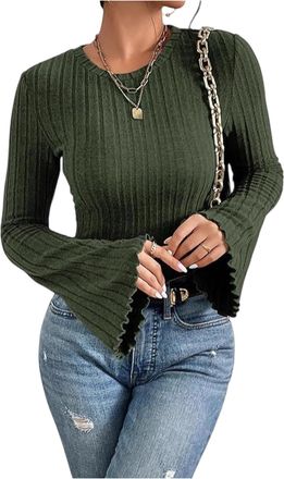 Generic Womens Flared Bell Sleeve Y2k Going Out Tops Ribbed Knit Long Sleeve Jumper Crew Neck Blouse Slim Fit Casual Loungewear Shirt Everyday Soft Stretch Kn