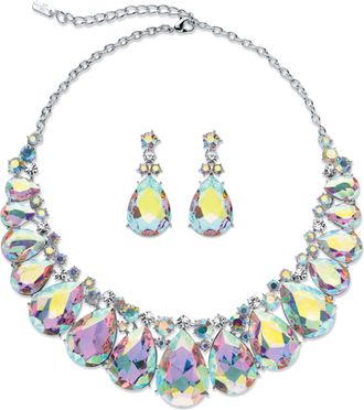 Palm Beach Jewelry Pear-Cut Aurora Borealis Crystal Silvertone Earrings and Necklace Set 16-18.5
